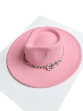 Pink Rhinestone Boutique Style Fedora Wide Brim Hat